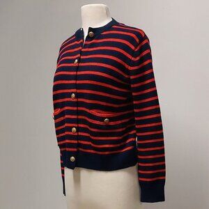 ZARA, Red & Navy Striped, Cable Knit, Gold Button, L/S, Cardigan, Size: S